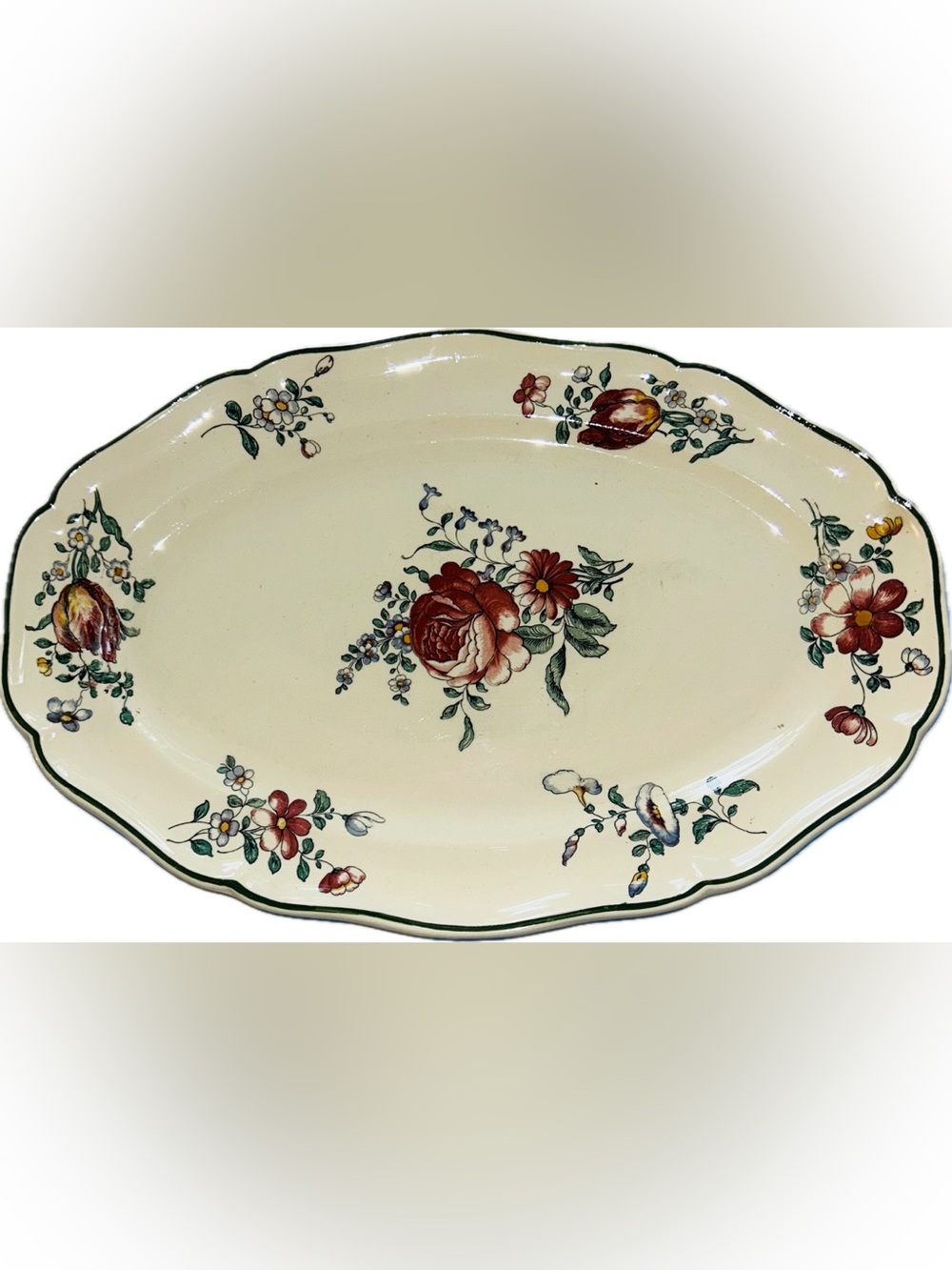Antique Villeroy & Boch 15.5in Serving Platter with Red Floral Motif